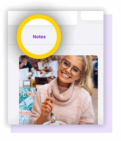 Close-up of a LoudCrowd creator profile card with the Notes tab circled, shown above a creator's photo
