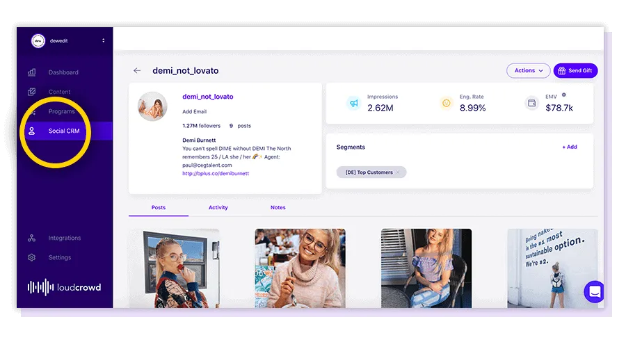 LoudCrowd Social CRM creator profile with engagement metrics and segment labels, highlighting the Social CRM section in the left navigation