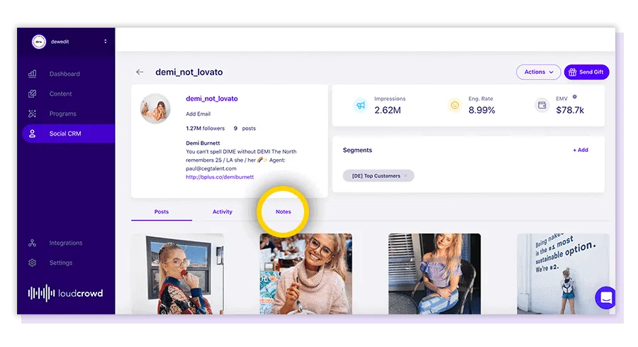 LoudCrowd Social CRM with the Social CRM nav item active and the Notes tab highlighted on a creator's profile