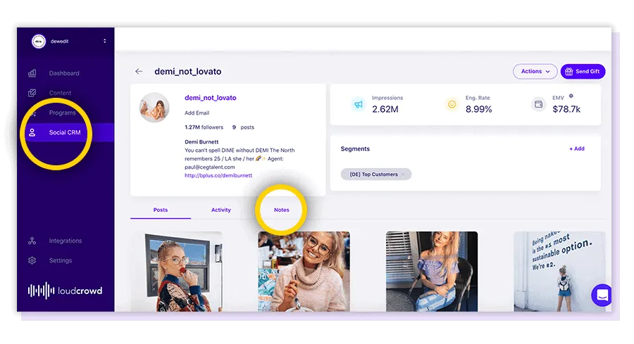 LoudCrowd Social CRM creator profile for an Instagram account, showing follower count, impressions, engagement rate, and EMV, with the Social CRM nav item and the new Notes tab highlighted