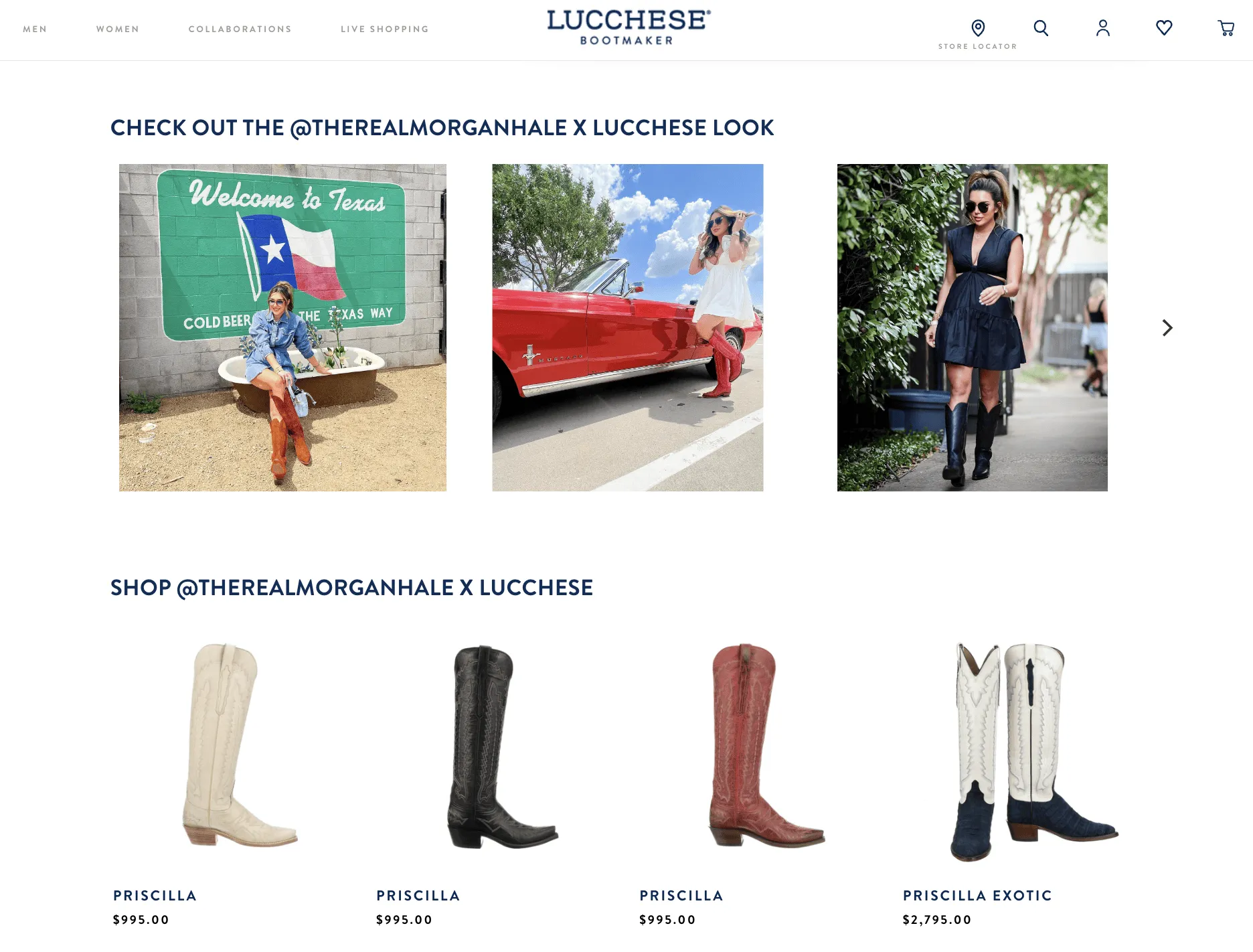 Lucchese allows ambassador @therealmorganhale to have her own storefront on her shop where her audience can shop her favorite picks. Lucchese leverages LoudCrowd's creator commerce capabilities