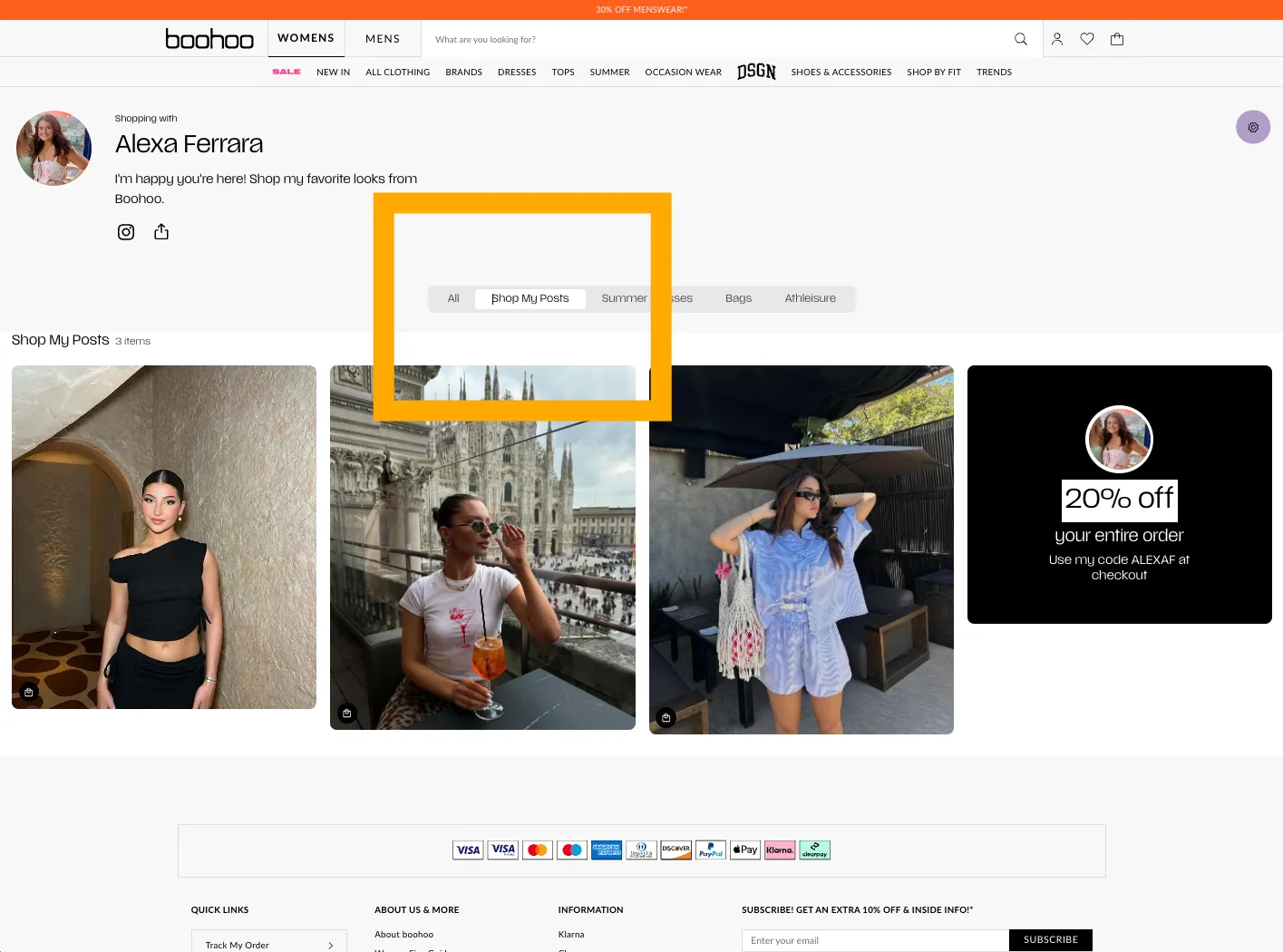 Alexa Ferrara's "Shop My Posts" page on boohoo's site, a grid of shoppable creator photos with a "Shop My Looks" filter highlighted and a 20% off offer