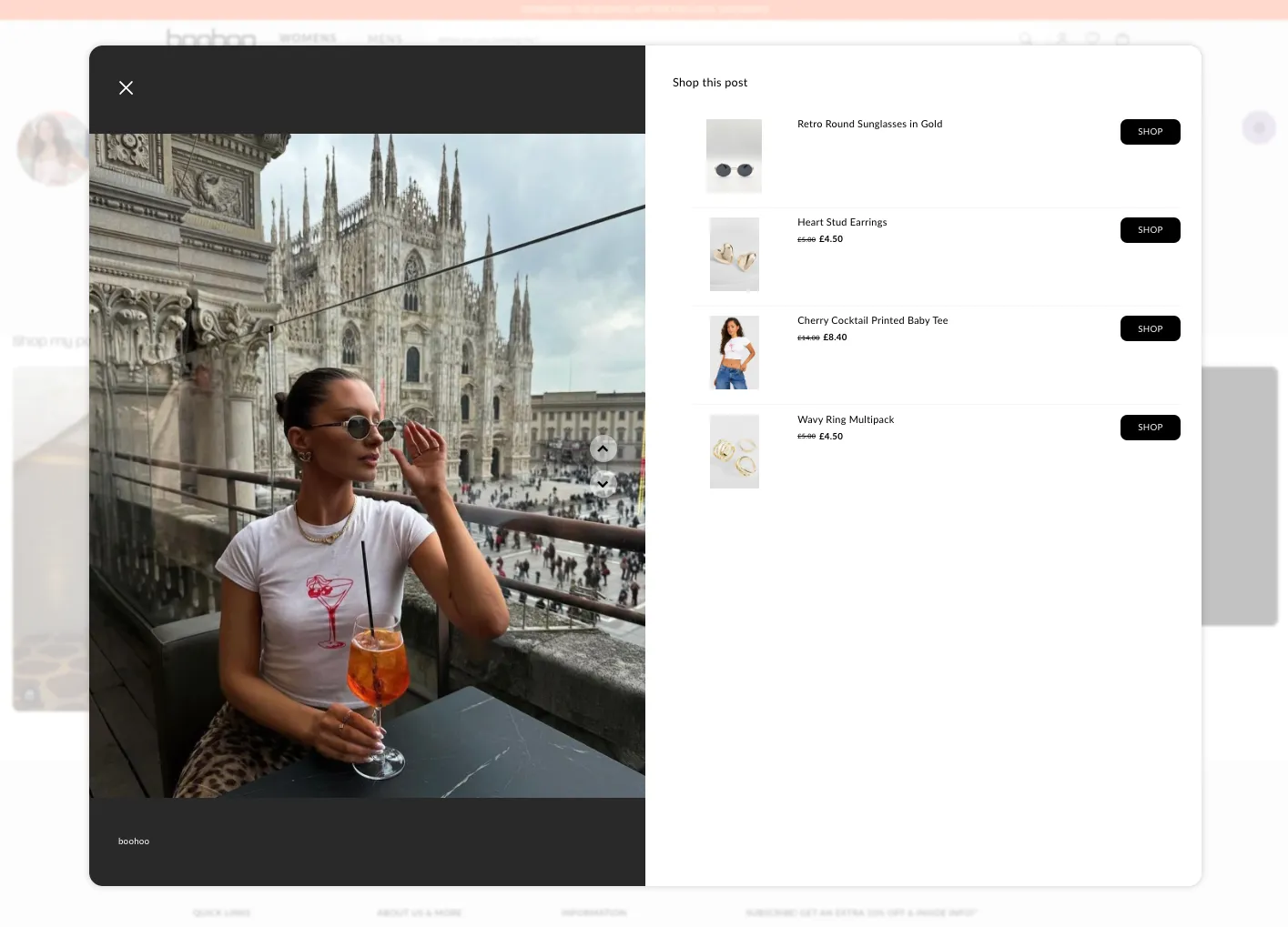 An expanded shoppable post on boohoo's site: a creator photo on the left and a "Shop this post" panel on the right listing the tagged products with prices