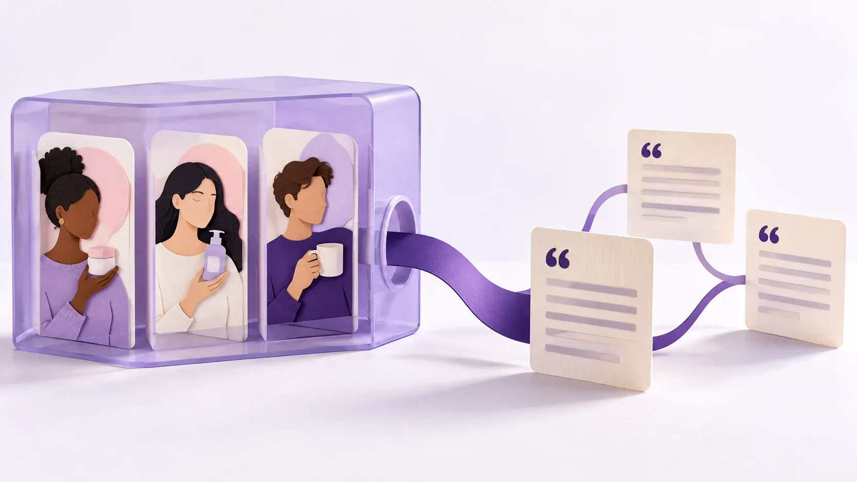 Creator content enclosed in a translucent social platform flows into open transcript cards.