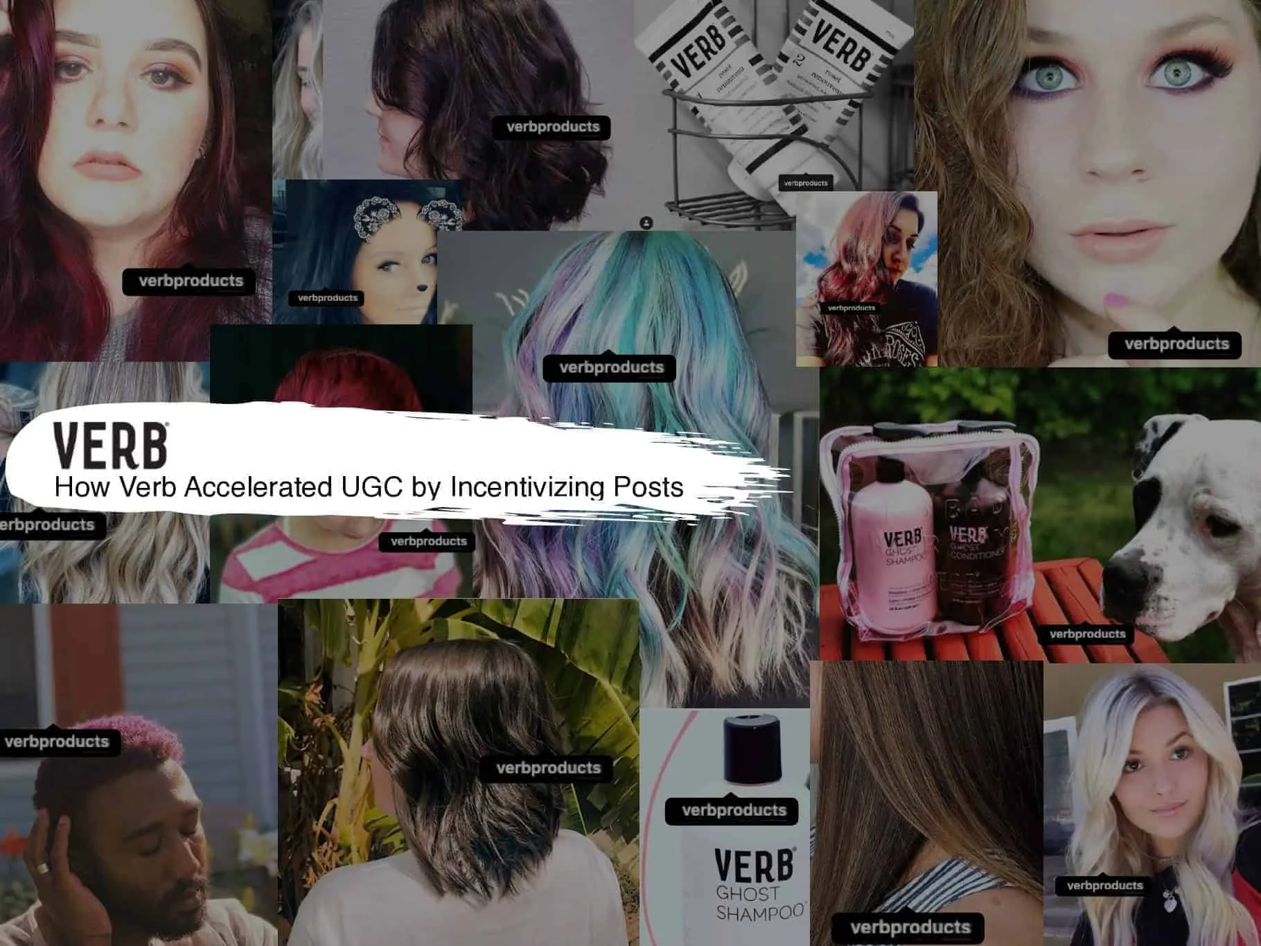 Verb case-study title card over a collage of customer Instagram posts showing colorful hair transformations and Verb haircare products, each tagged @verbproducts