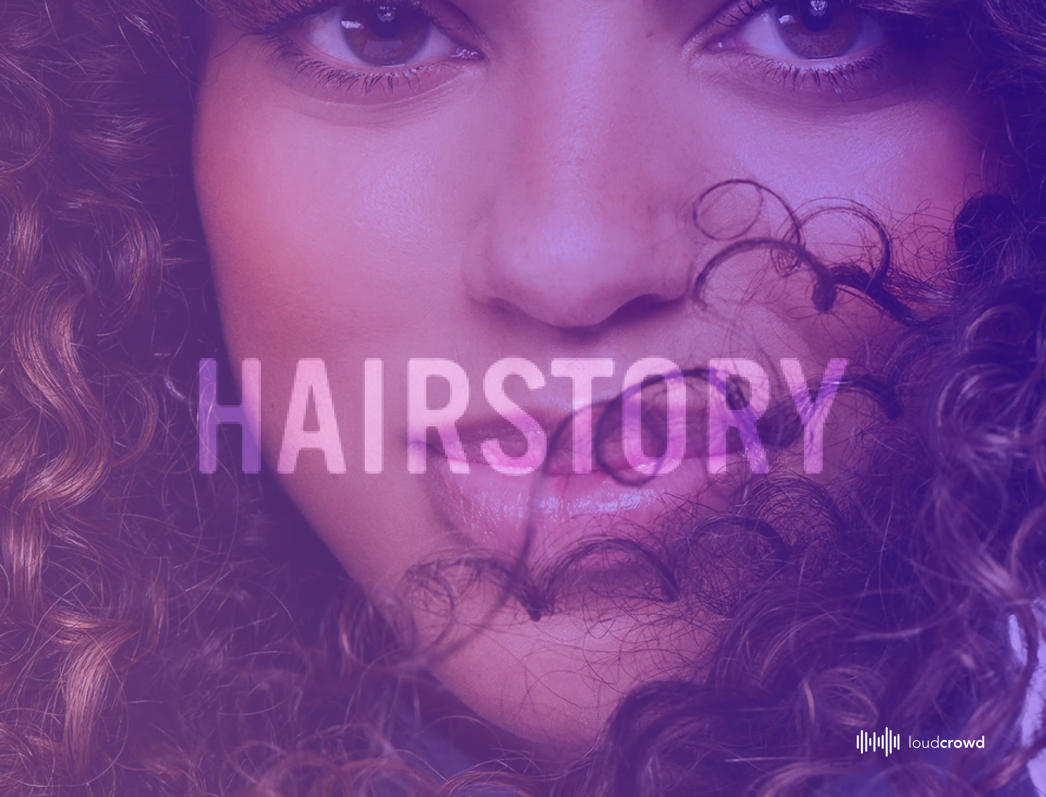 Close-up of a smiling woman with curly hair behind the Hairstory wordmark