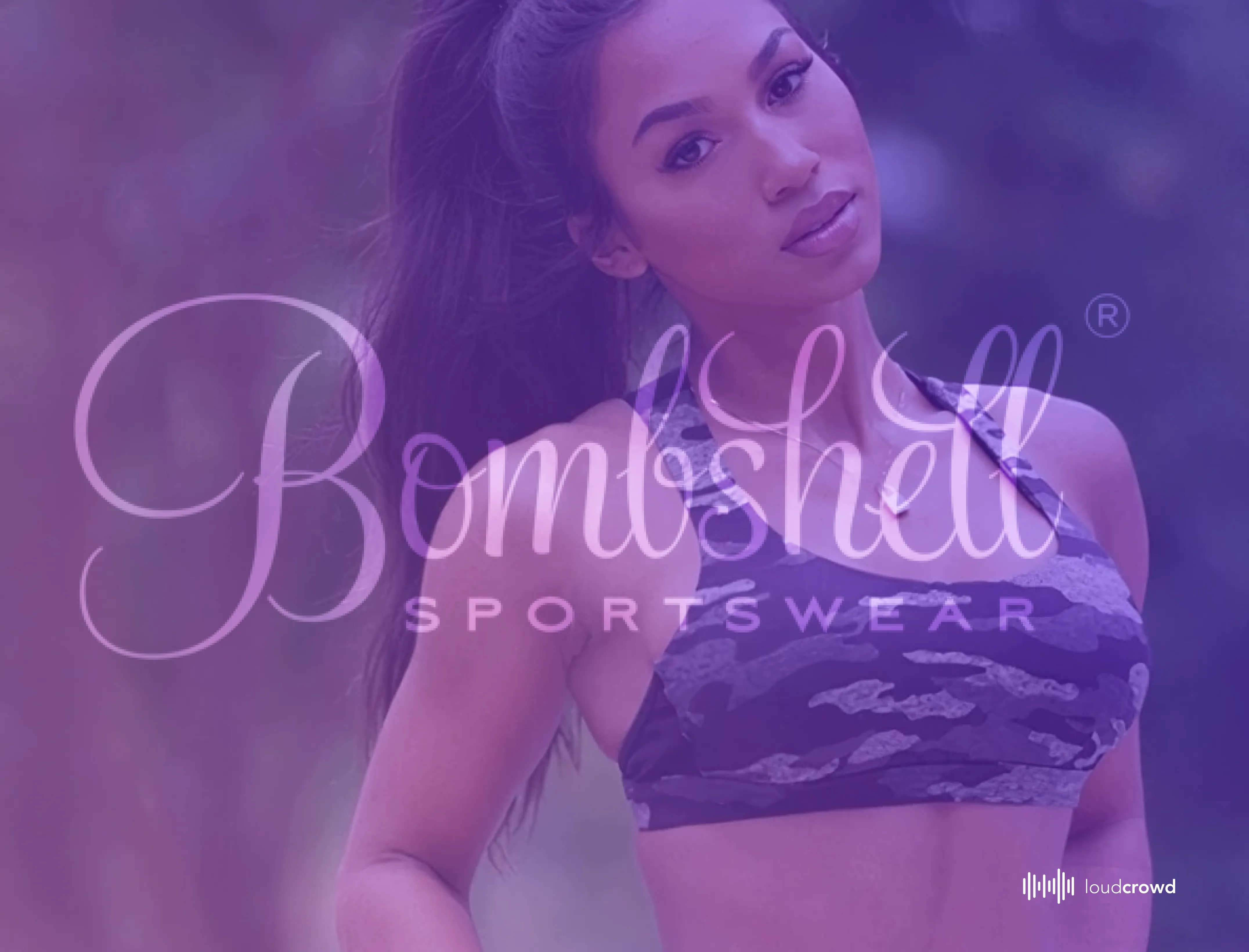 Woman in a camo sports bra behind the Bombshell Sportswear logo