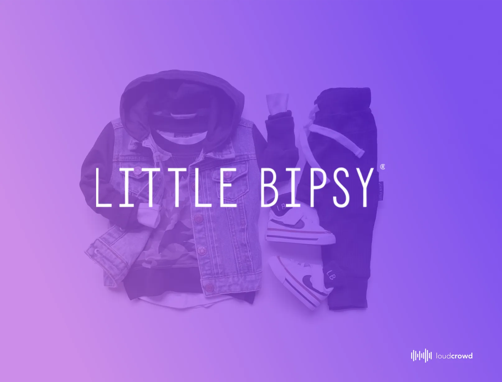 Little Bipsy case-study title card showing a flat-lay of children's denim jacket, sweatpants, and sneakers