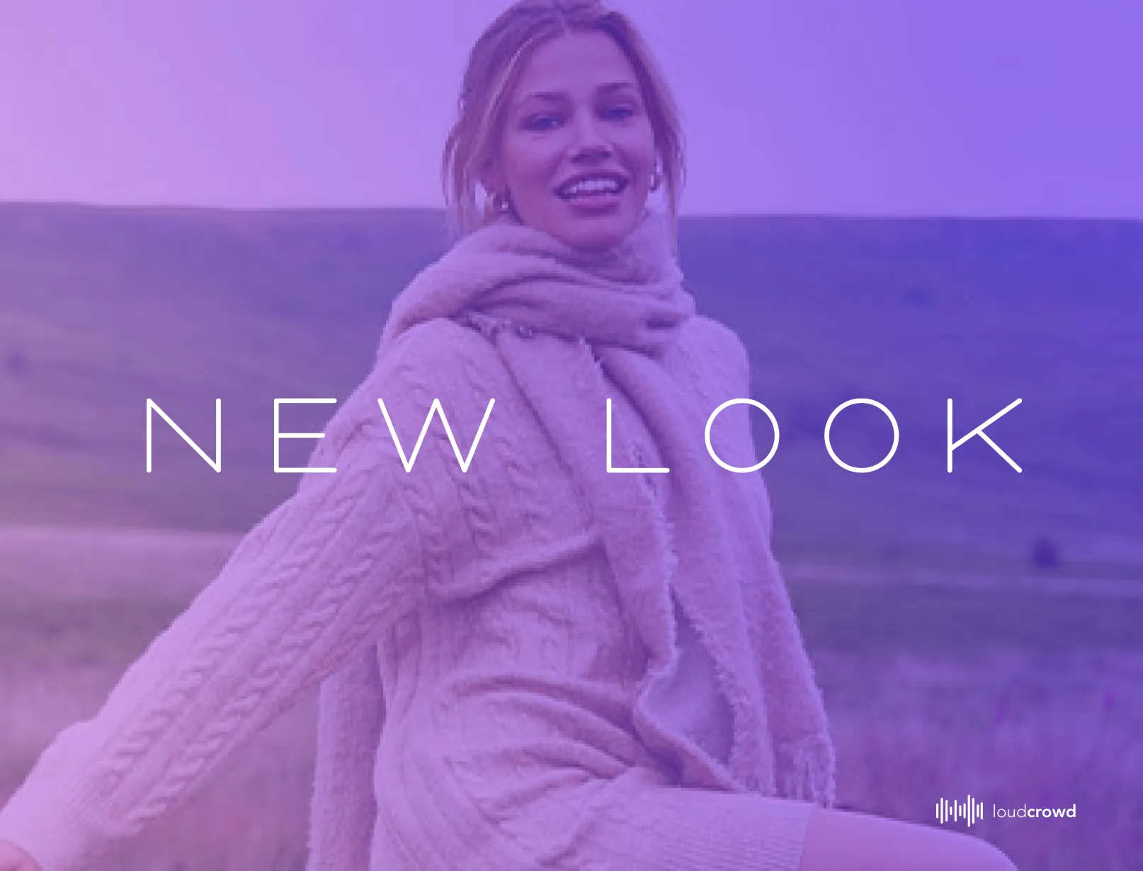 New Look case-study title card showing a smiling creator in a cream knit sweater in a field