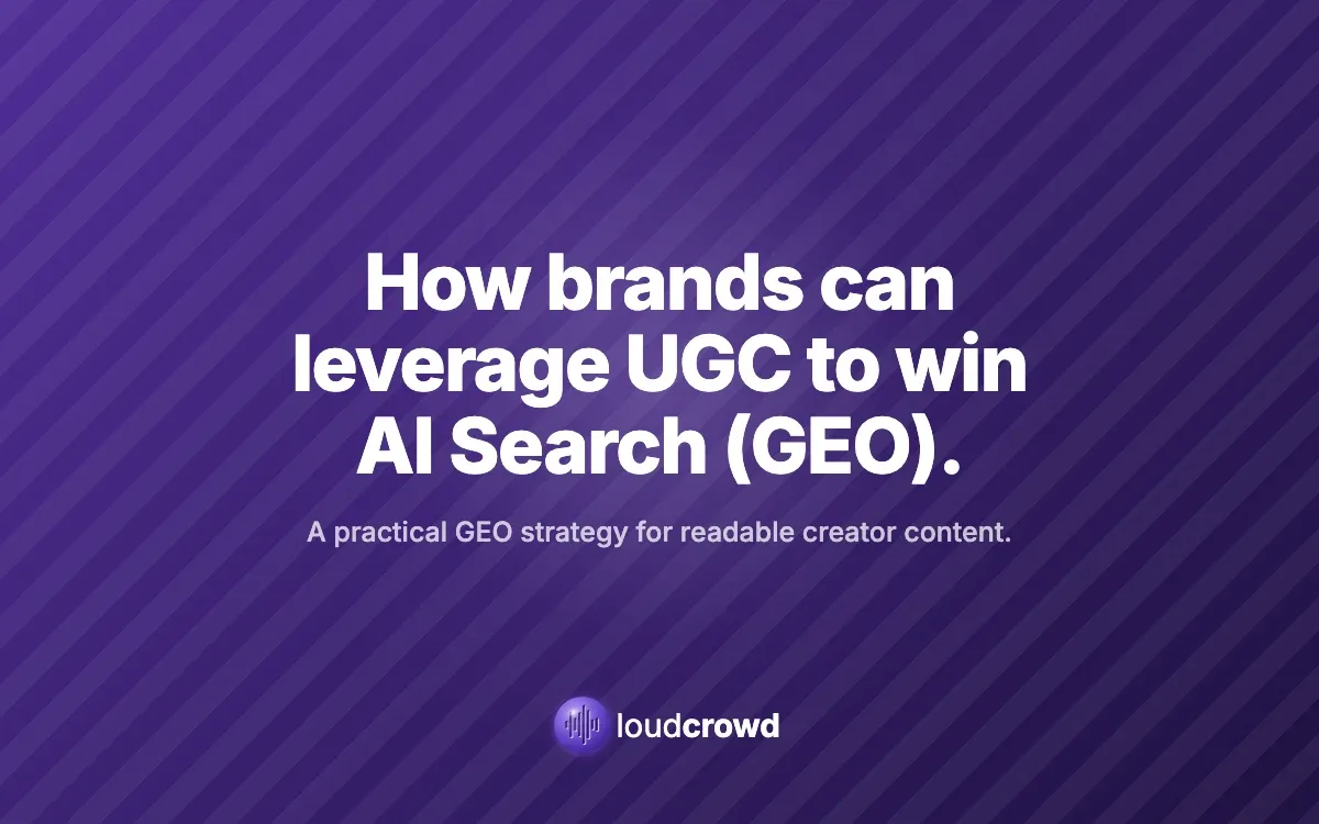 Purple LoudCrowd cover reading “How brands can leverage UGC to win AI Search (GEO).”