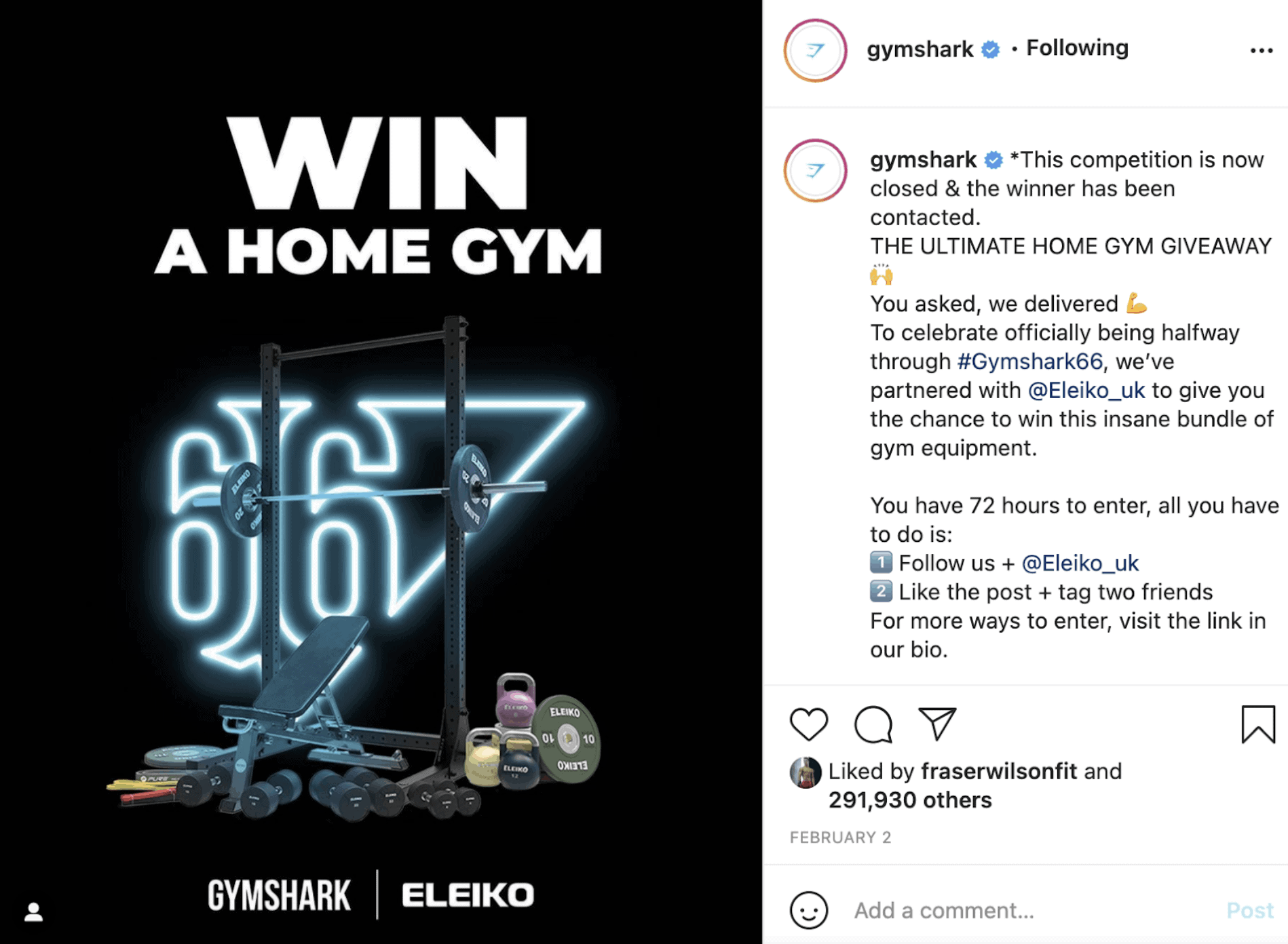 FOMO example of a UGC contest from Gymshark and Eleiko