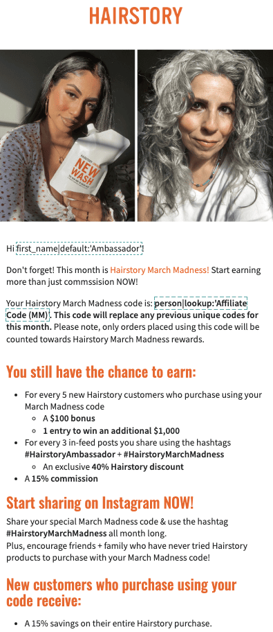 Hairstory challenge email that includes a bunch of rewards