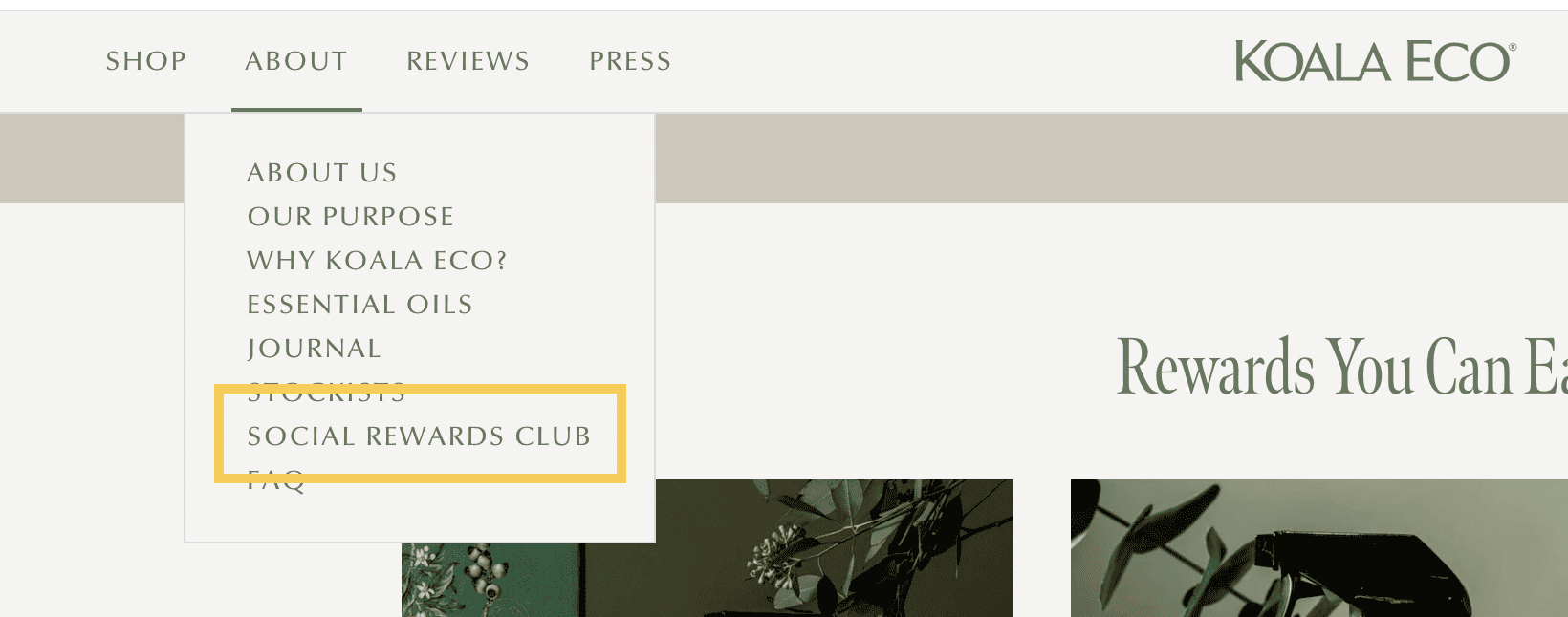 Koala Eco promotes their Social Rewards Club in their navigation bar