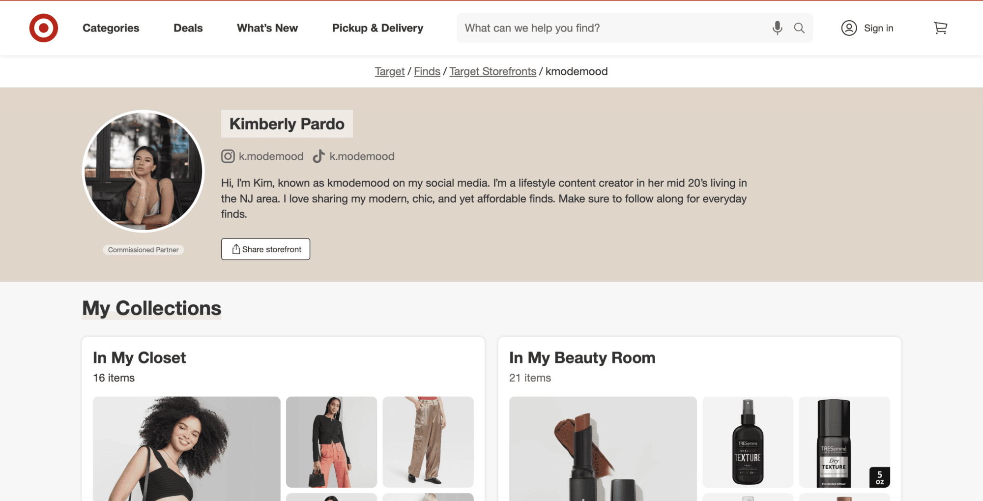 Kimberly Pardo's Target Storefront that includes her profile image, collections, and biography