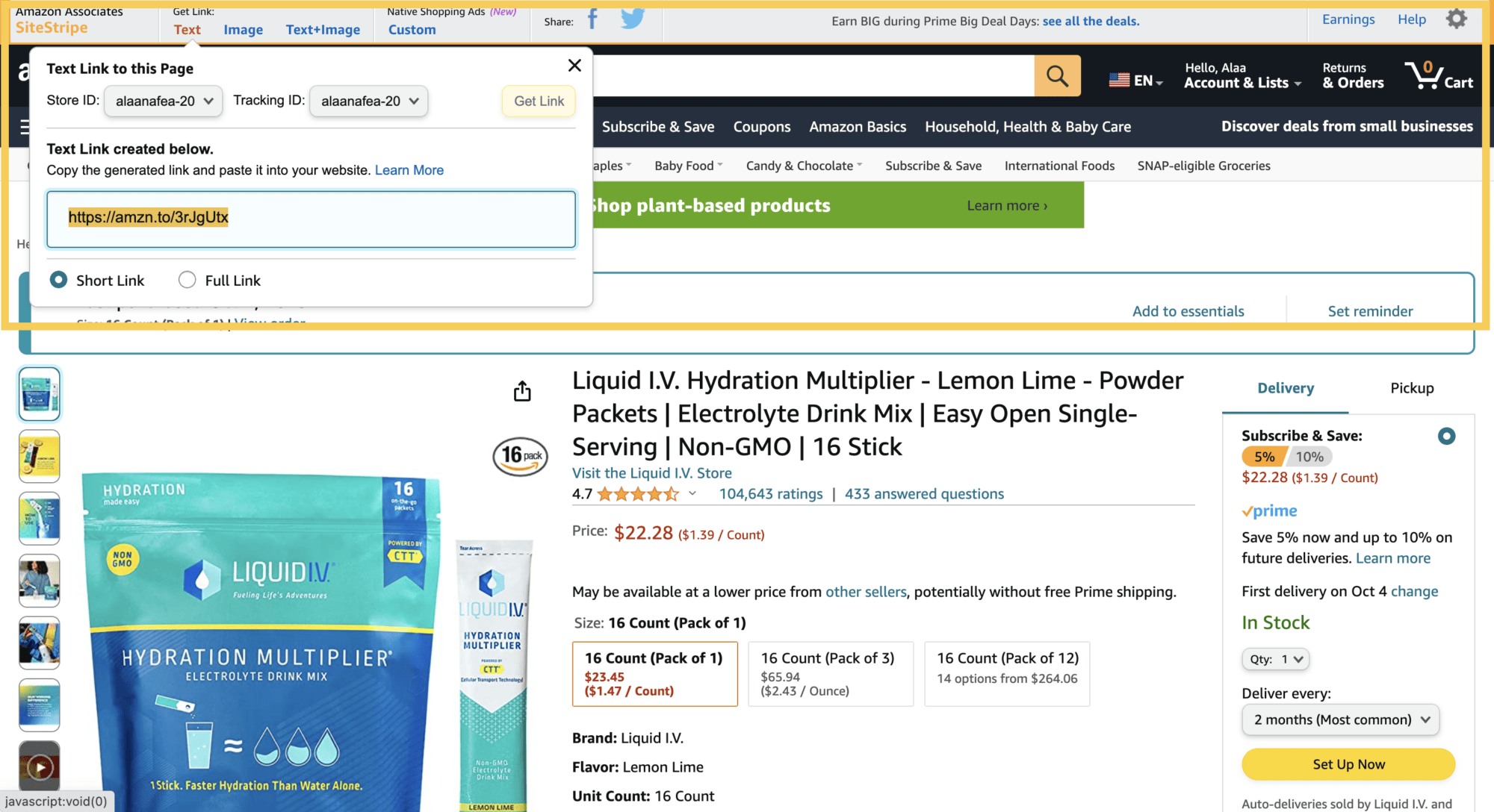 Amazon allows creators to generate commissionable link in the Liquid IV product page