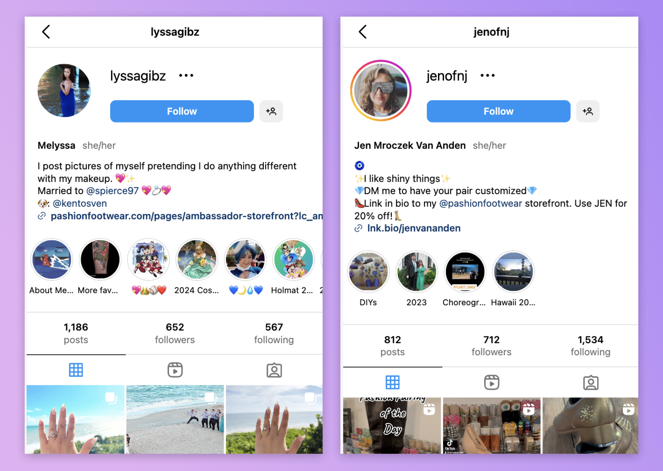 Two creators, Lyssagibz and jenofnj promote their Pashion Storefront and affiliate code in their Instagram bios