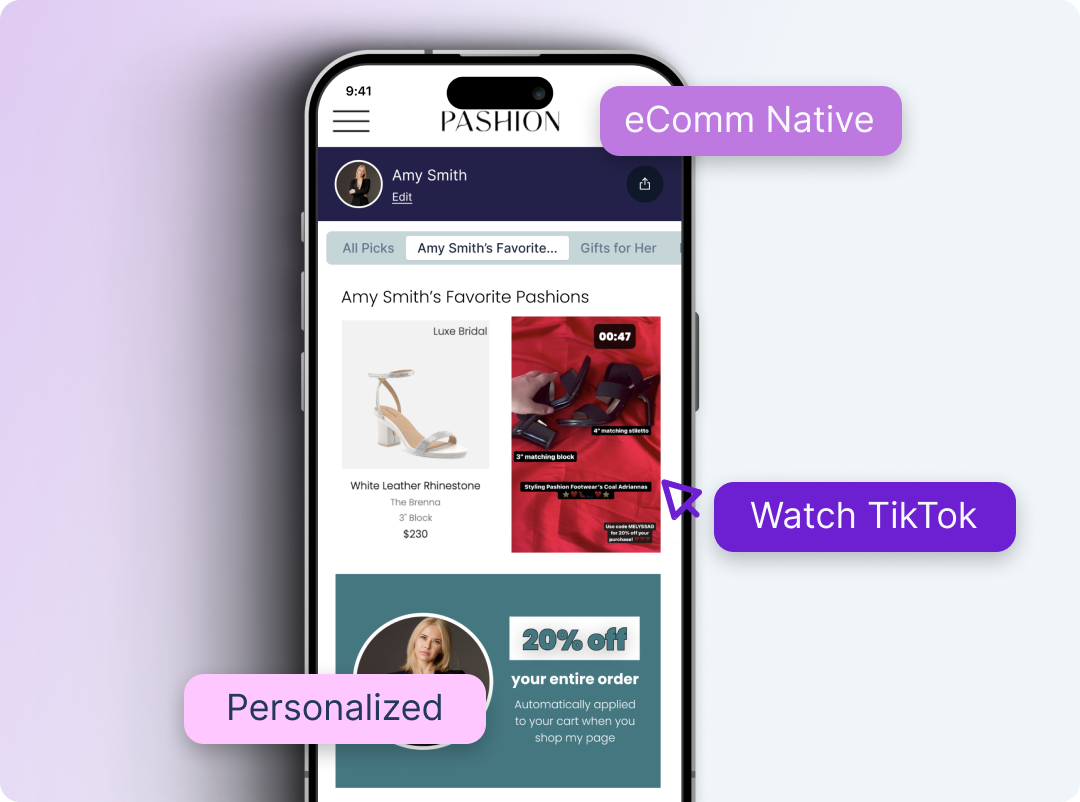 Pashion's Creator Storefronts for performance influencers are eComm native, automatically pull in content, and are individually personalized to each person.