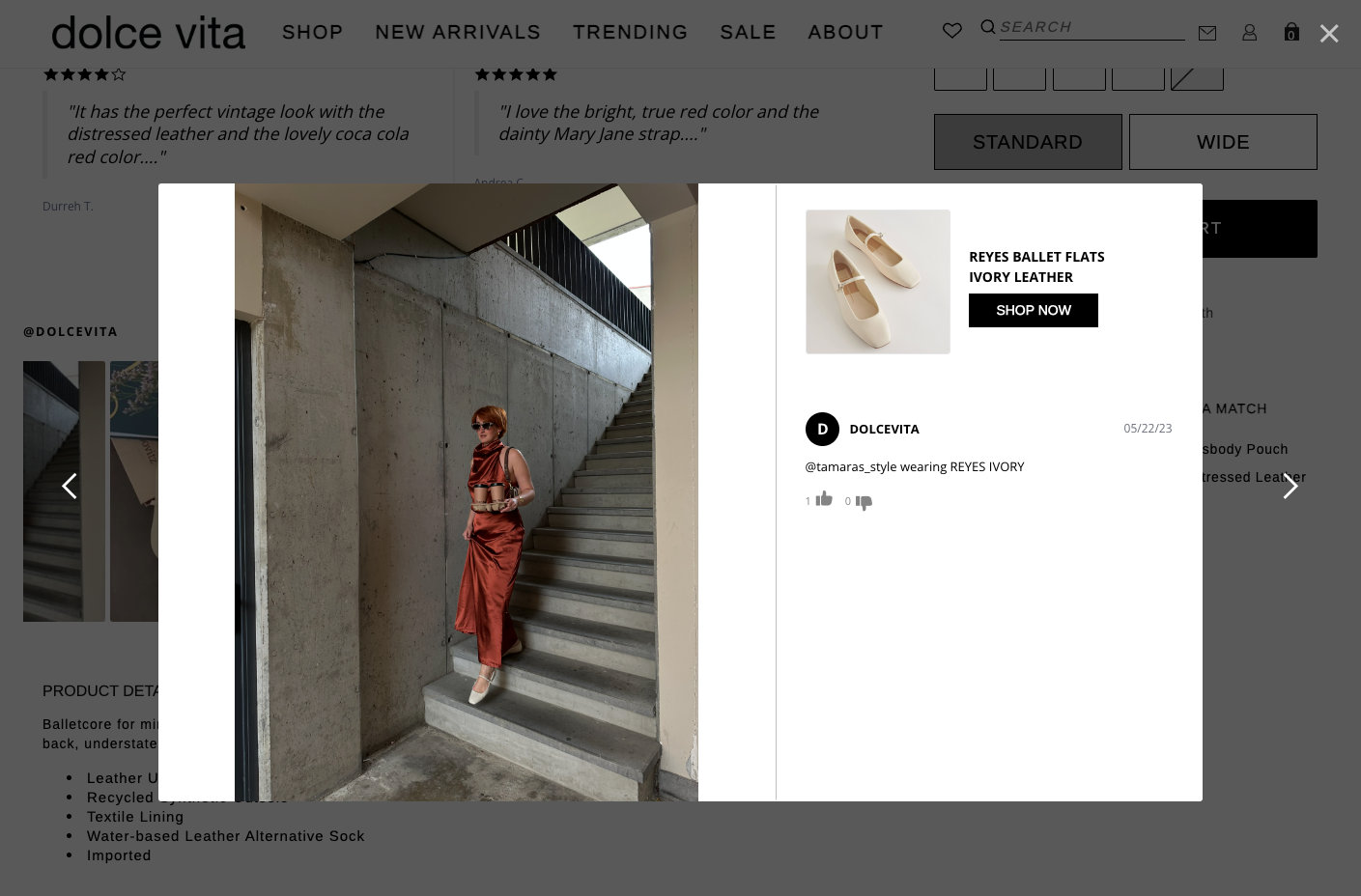 Shoppable ugc galleries on Dolce Vita's hompage are clickable and reveals the products in the photo