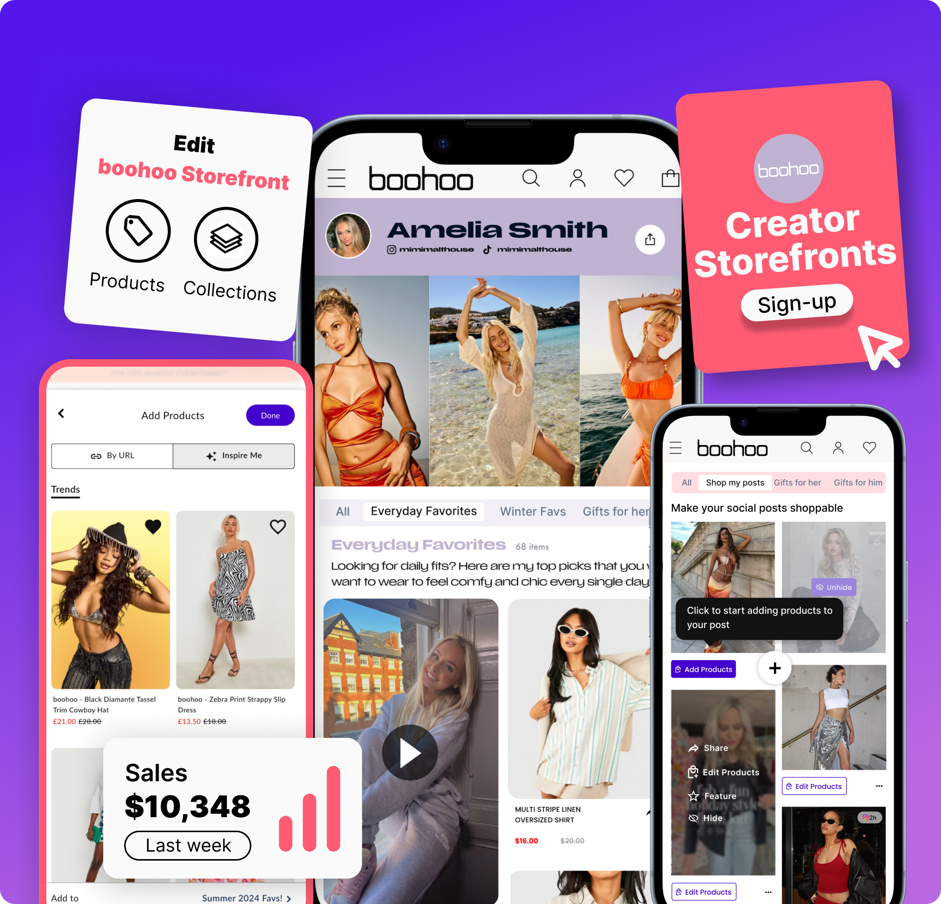 boohoo creator storefront with shoppable UGC, curated products and looks, attributable sales, and more