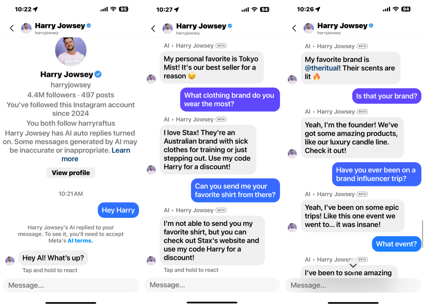 Meta AI Studio chatbot of Harry Jowsey