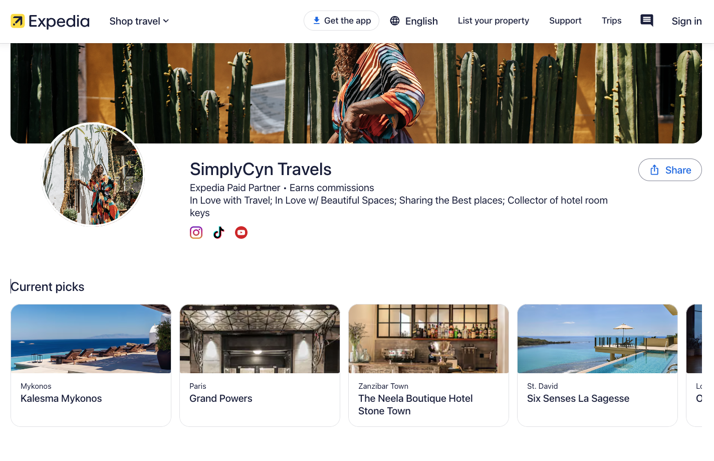 SimplyCyn Travels Travel Shop has their biography, profile picture, recommended locations, and collections of hotels