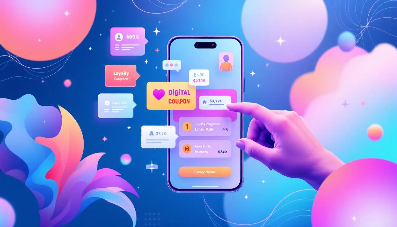 An illustration depicting customer loyalty rewards programs with digital coupons.