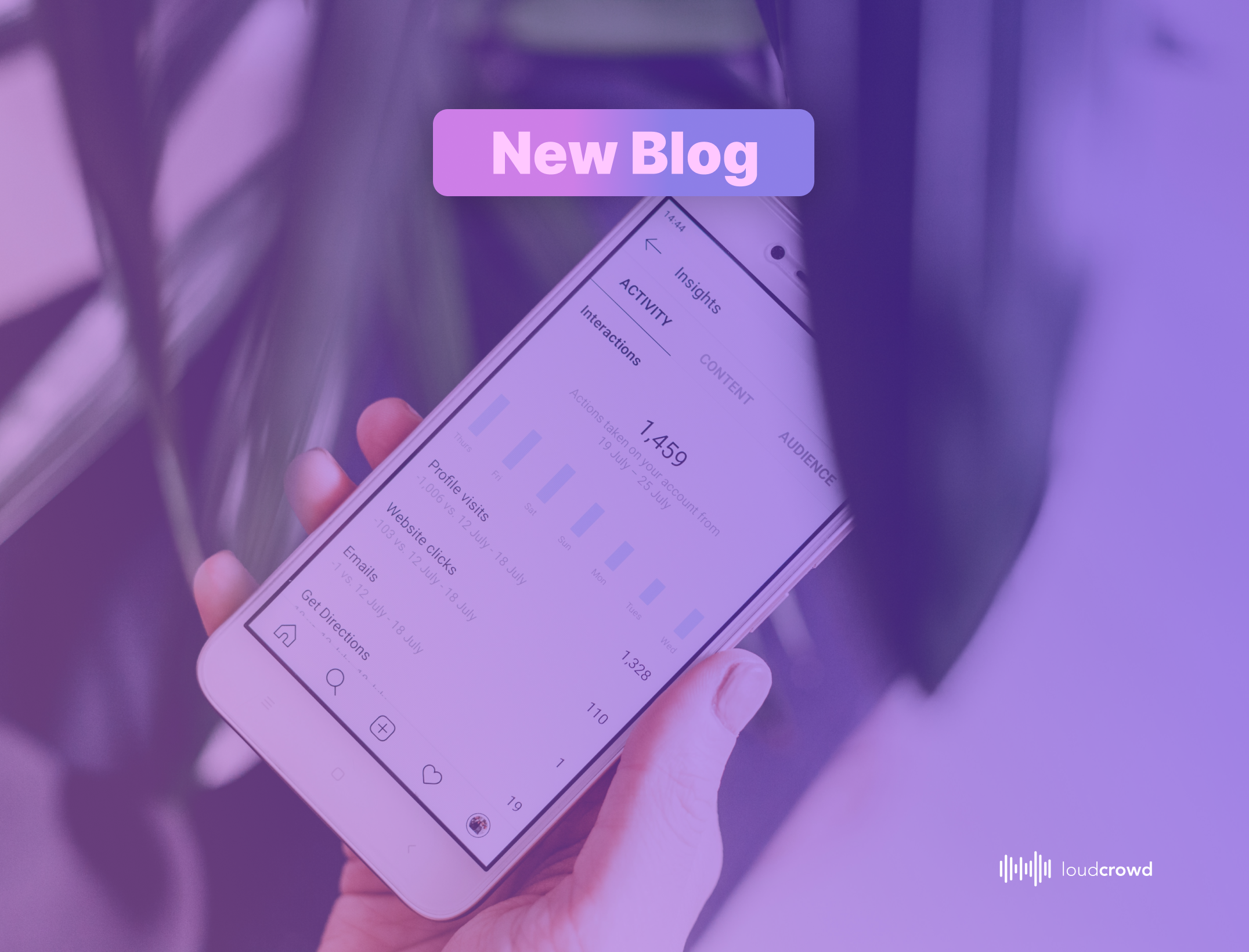 A smartphone displaying social media analytics with a bar chart showing weekly interactions, held by a hand against a vibrant purple and pink gradient background, with a 'New Blog' banner highlighting the announcement."